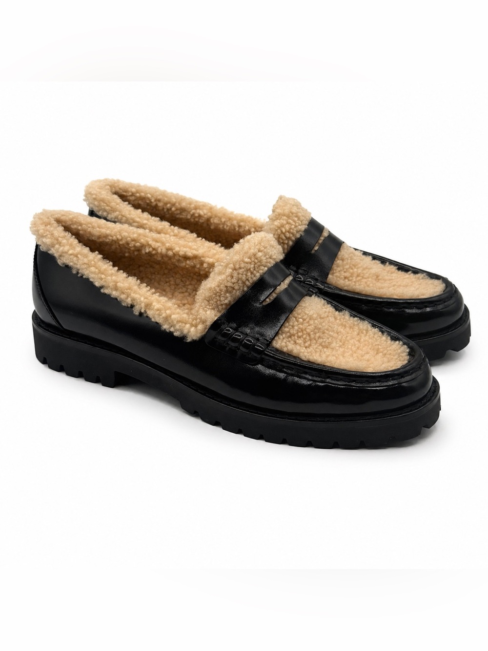 PAIGE Ellis Penny Loafers Black Leather Shearling Lined Lug Sole Slip-On Shoes - Picture 2 of 16
